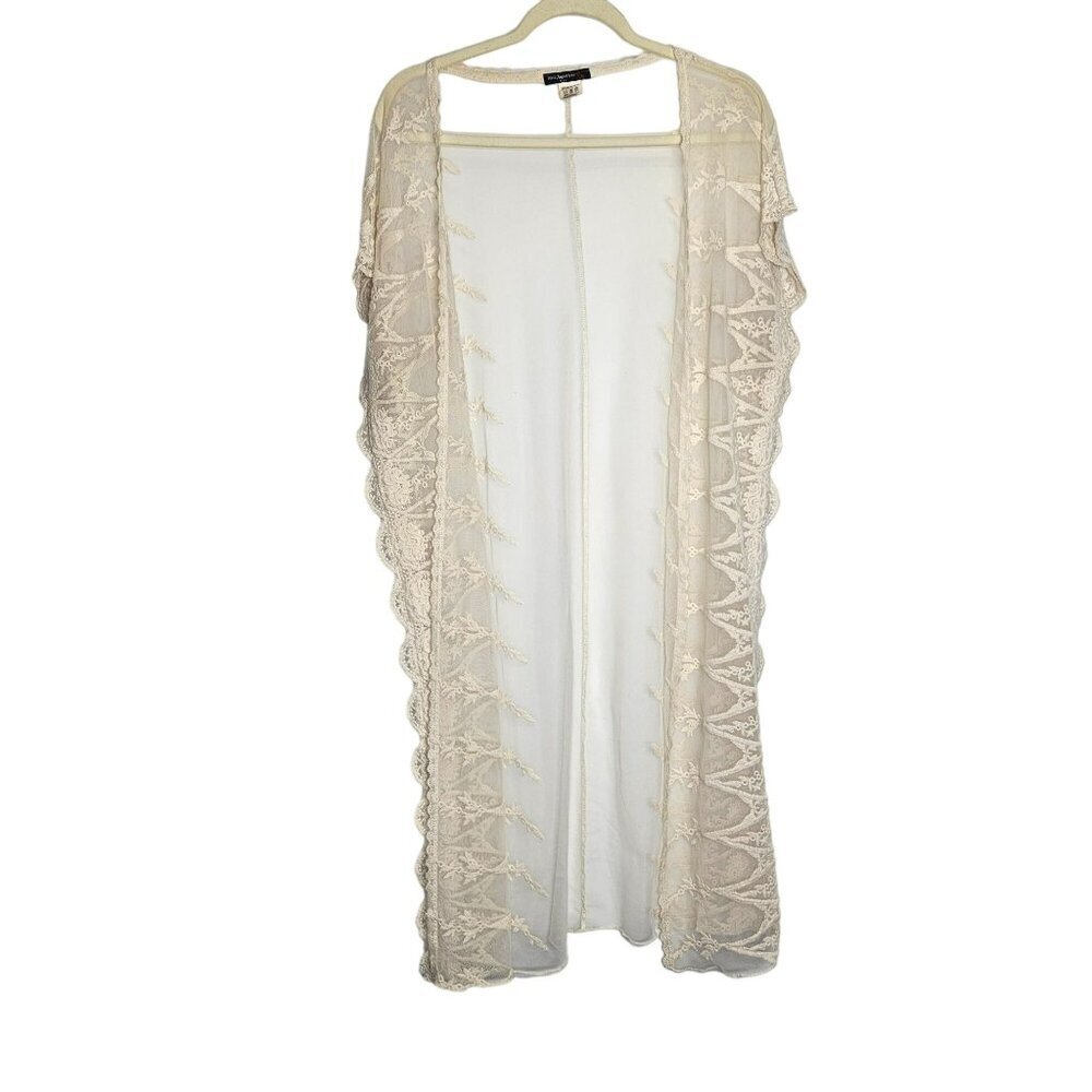 Vivid Importers Cream Lace Crochet Long Duster Kimono Open Front Cardigan 1X‎